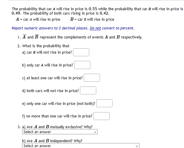 Solved The Probability That Car A Will Rise In Price Is 0.55 | Chegg.com