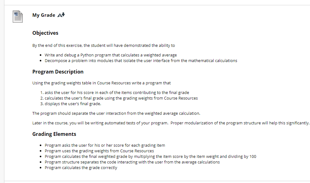 Solved Python Using The Grading Weights Table In Course Chegg Com