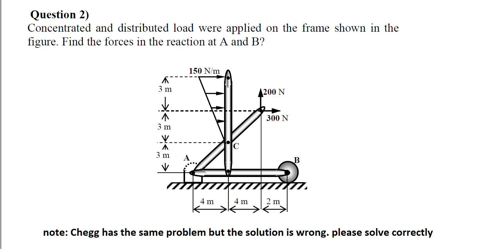 Question 2)
Concentrated and distributed load were applied on the frame shown in the figure. Find the forces in the reaction 