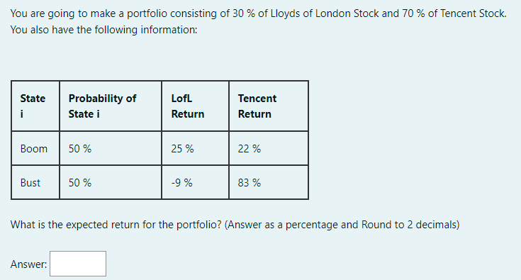 Solved You are going to make a portfolio consisting of 30% | Chegg.com