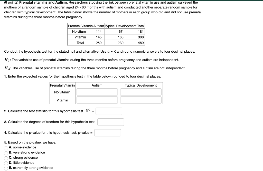Solved 18 points) Prenatal vitamins and Autism. Researchers