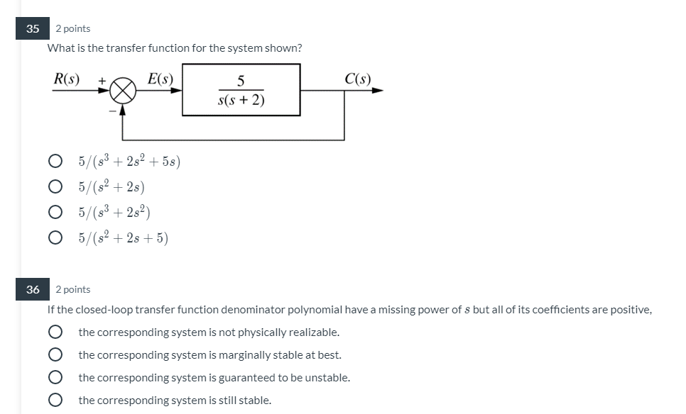 Solved 35 2 points What is the transfer function for the | Chegg.com