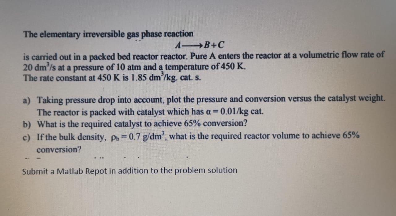 Solved The Elementary Irreversible Gas Phase Reaction AB+C | Chegg.com