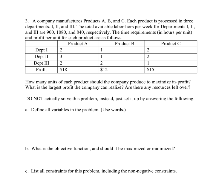 Solved 3. A Company Manufactures Products A, B, And C. Each | Chegg.com