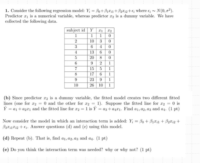 Solved 1. Consider the following regression model: Yi | Chegg.com