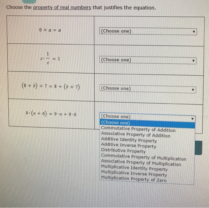 Solved Choose the property of real numbers that justifies | Chegg.com