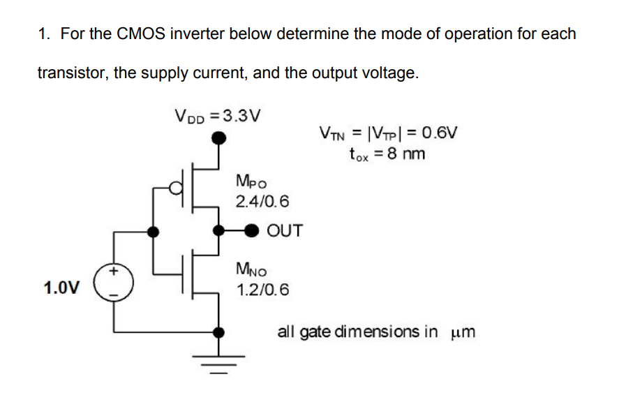 Solved 1. For The CMOS Inverter Below Determine The Mode Of | Chegg.com