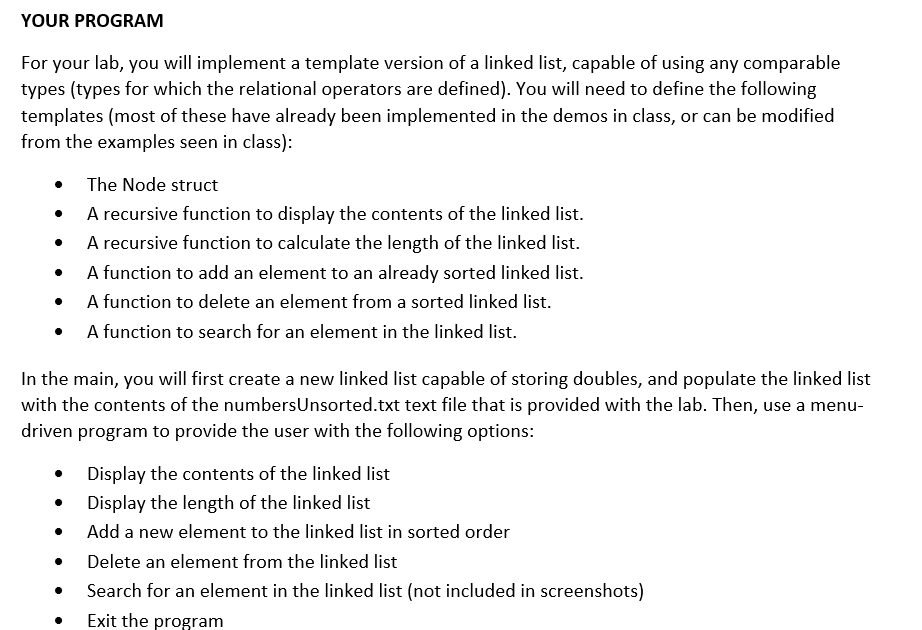 Solved YOUR PROGRAM For your lab, you will implement a | Chegg.com