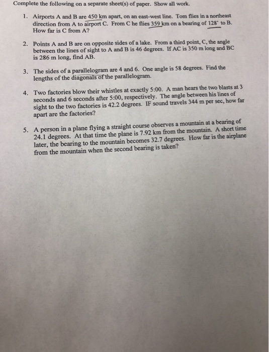Solved Complete the following on a separate sheet(s) of | Chegg.com
