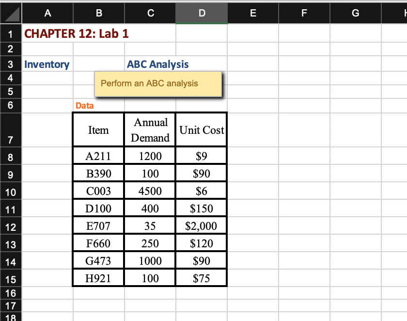 Solved 1 CHAPTER 12: Lab 1 2 3 Inventory ABC Analysis | Chegg.com