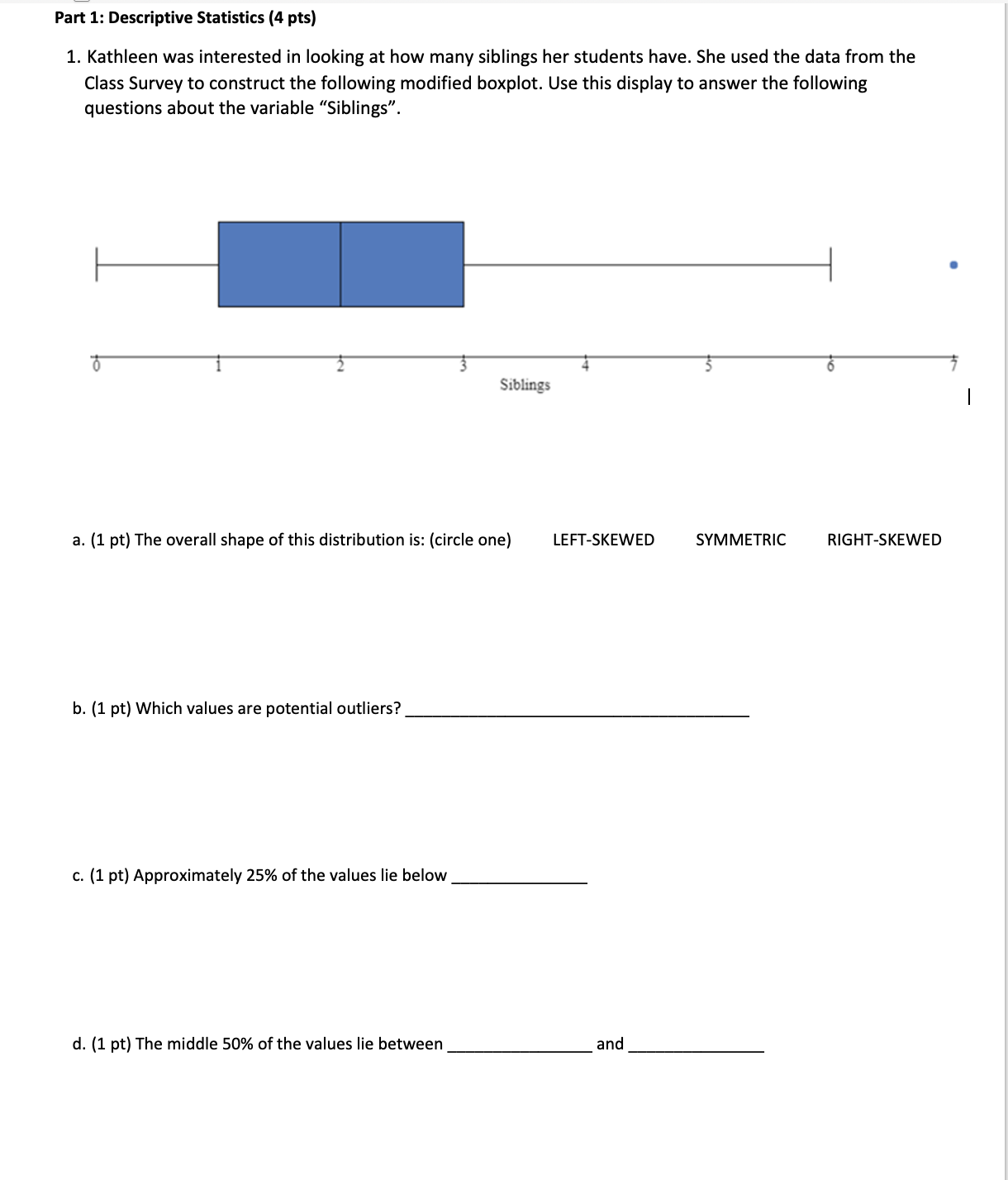 Solved Part 1: Descriptive Statistics (4 Pts) 1. Kathleen | Chegg.com