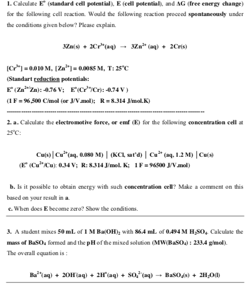 Solved 1 Calculate E Standard Cell Potential E Cell Chegg Com