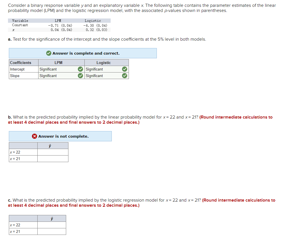 Consider a binary response variable \( y \) and an explanatory variable \( x \). The following table contains the parameter e