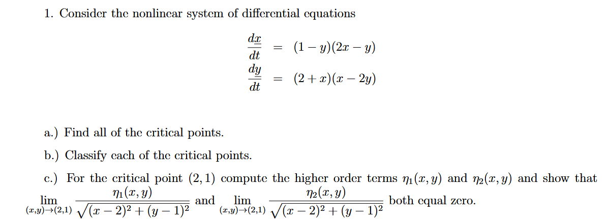 Solved 1. Consider the nonlinear system of differential | Chegg.com