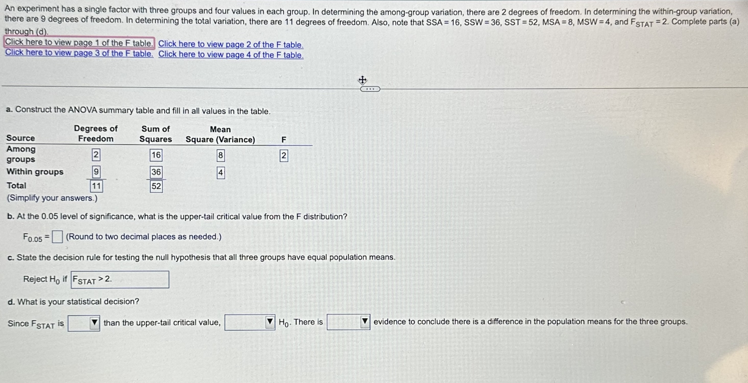 Solved An experiment has a single factor with three groups | Chegg.com