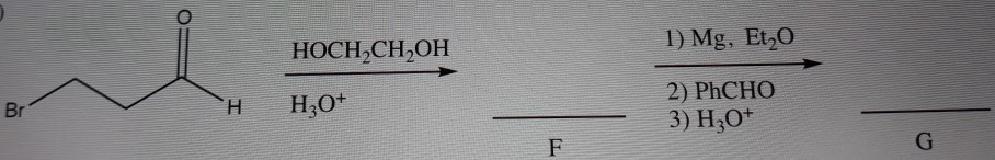 Solved 1) Mg, Et20 НОСН-СН,ОН H H2O+ 2) PhCHO 3) H20+ | Chegg.com