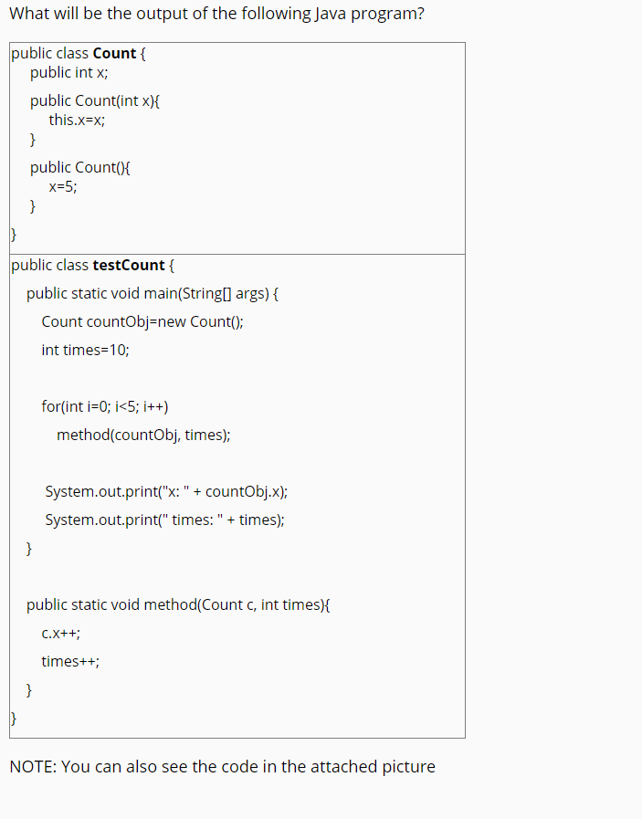 Solved What will be the output of the following Java | Chegg.com