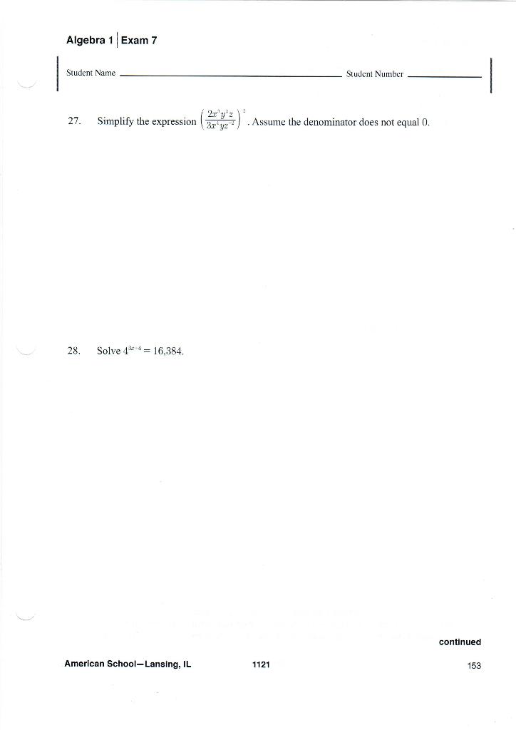 Solved Algebra 1 Exam 7 Student Name Student Number 27. | Chegg.com