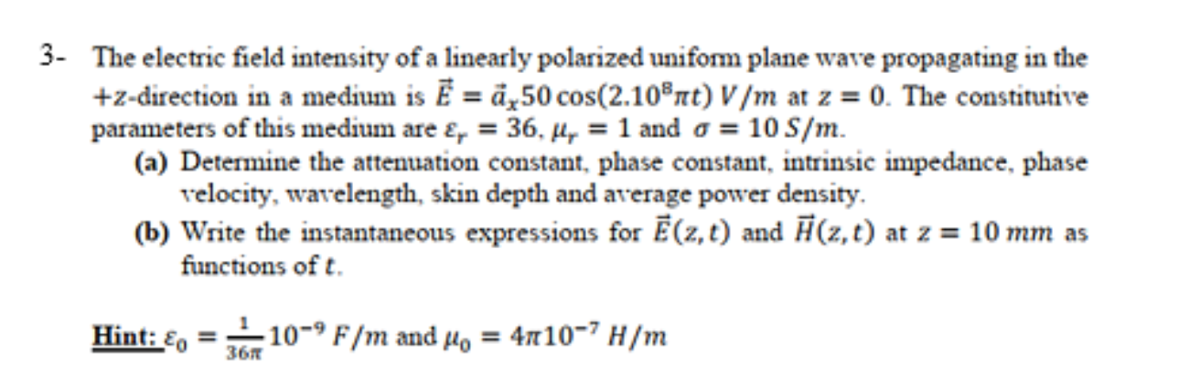 3- ﻿The electric field intensity of a linearly | Chegg.com