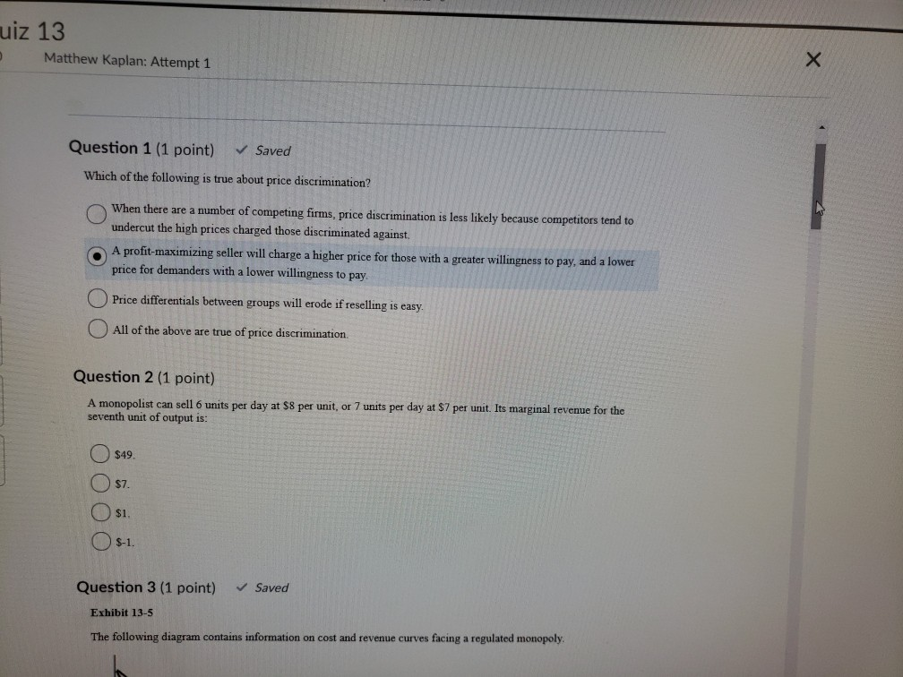 Solved iz 13 Matthew Kaplan: Attempt 1 Question 1 (1 point) | Chegg.com