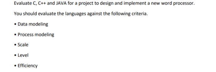 Evaluate C, C++ and JAVA for a project to design and | Chegg.com