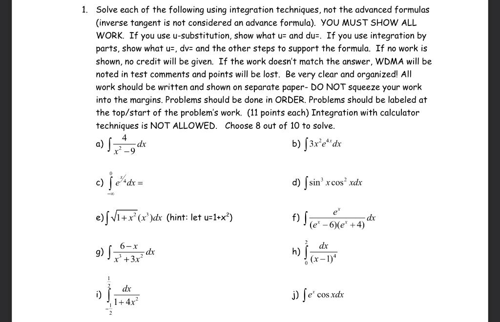 Solved 1. Solve each of the following using integration | Chegg.com