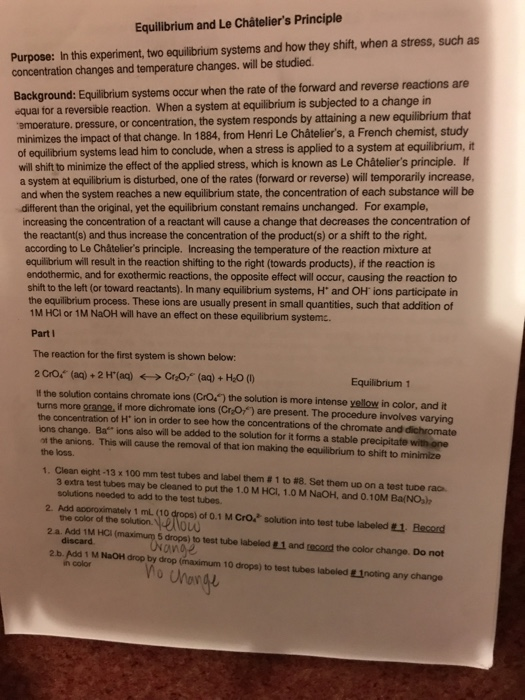 Equilibrium and Le Châtelier's Principle Purpose: In | Chegg.com