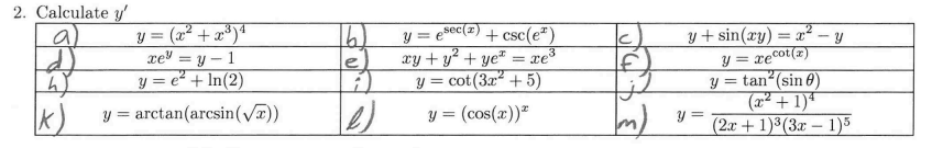 2. Calculate \( y^{\prime} \) \begin{tabular}{|cc|c|c|c|c|} \hline a) & \( y=\left(x^{2}+x^{3}\right)^{4} \) & b) & \( y=e^{\