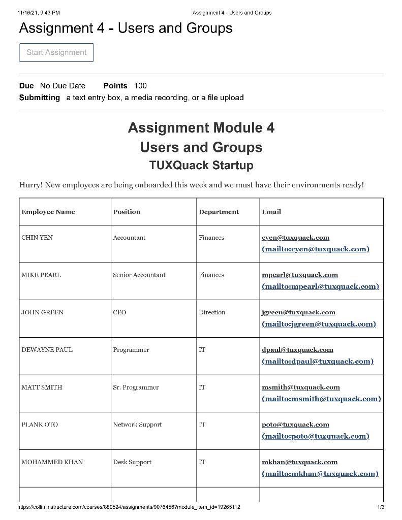 11/16/21, 9:43 PM Assignment 4 - Users and Groups | Chegg.com