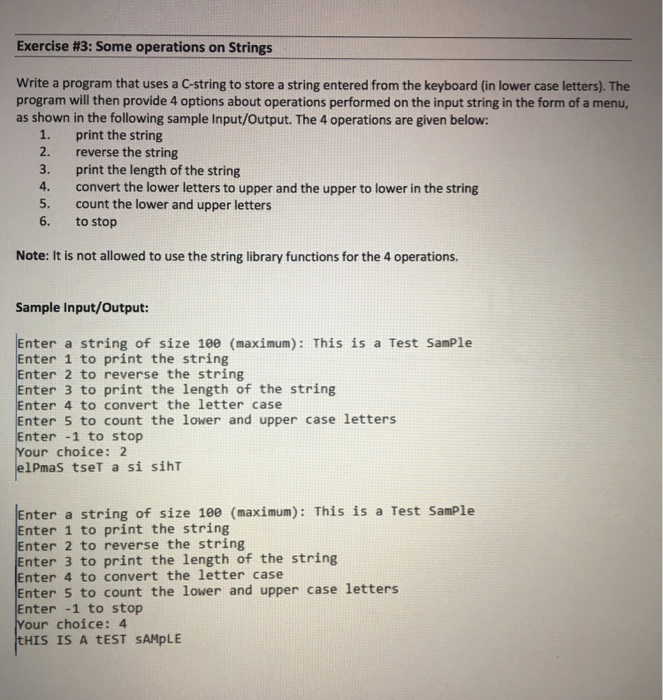 Solved Exercise #3: Some operations on strings Write a | Chegg.com
