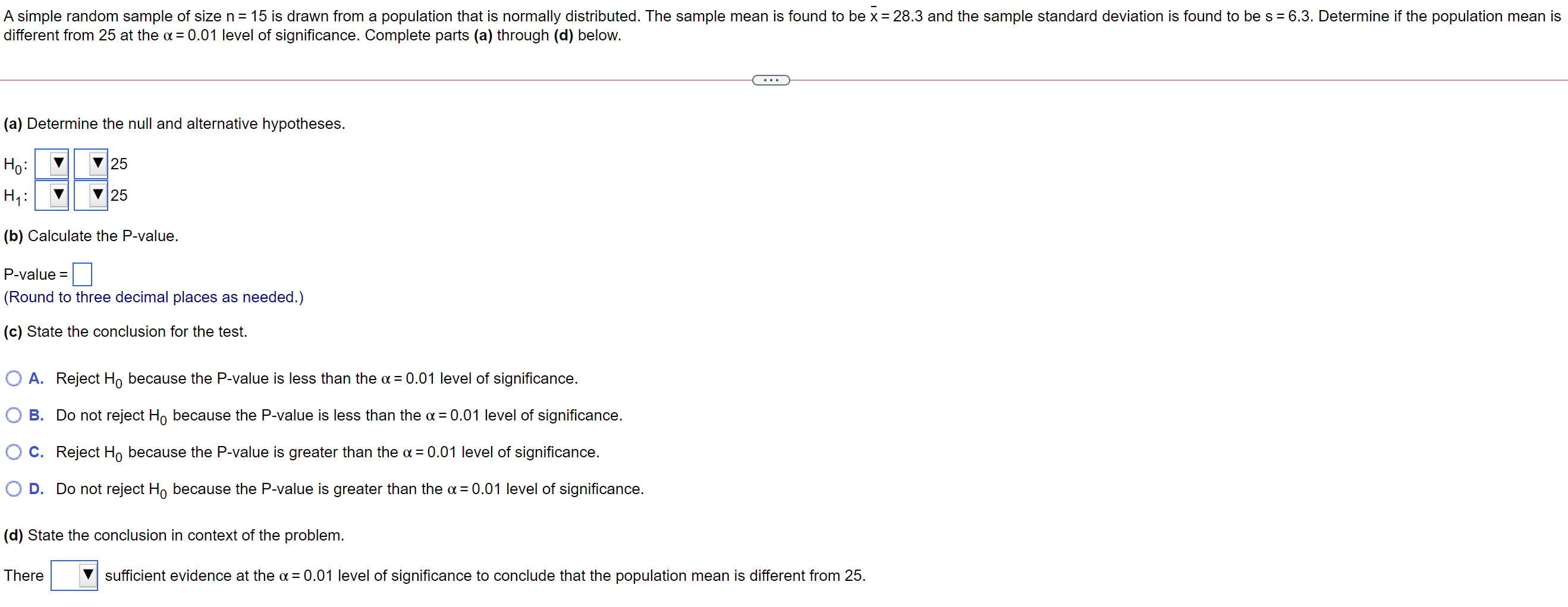 Solved A simple random sample of size n= 15 is drawn from a | Chegg.com