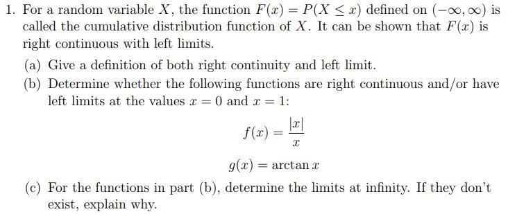 Solved For a random variable X, the function F(x)=P(X≤x) | Chegg.com