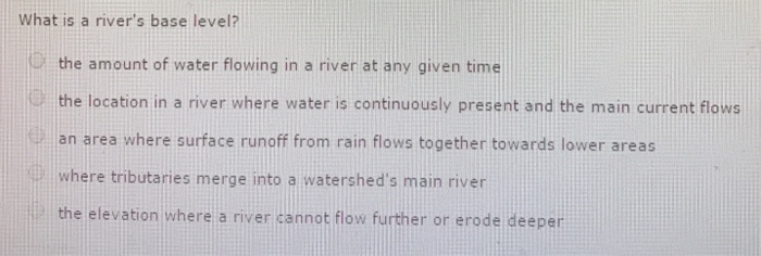 Solved What is a river's base level? the amount of water | Chegg.com