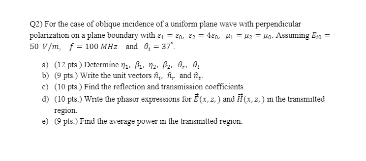 Solved Q2) For the case of oblique incidence of a uniform | Chegg.com