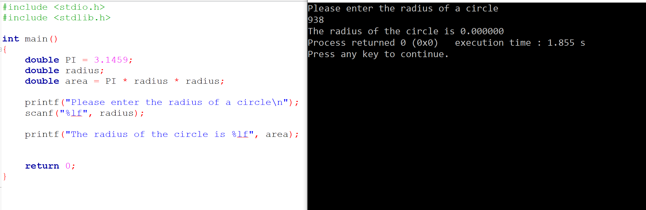 Solved Why is my program returning 0 for the radius? I want | Chegg.com
