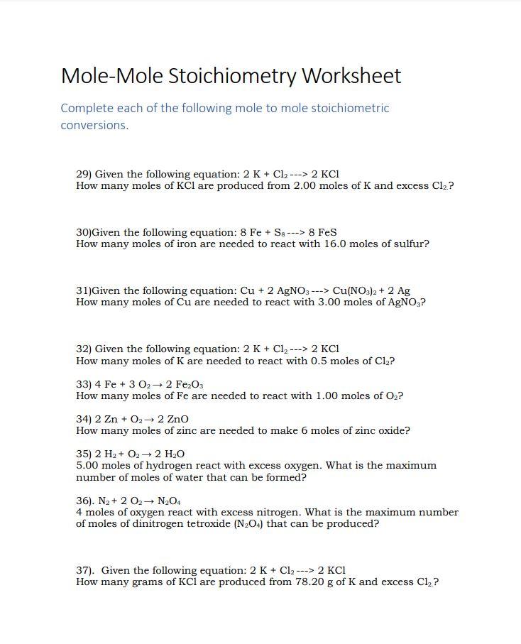 Solved MoleMole Stoichiometry Worksheet Complete each of