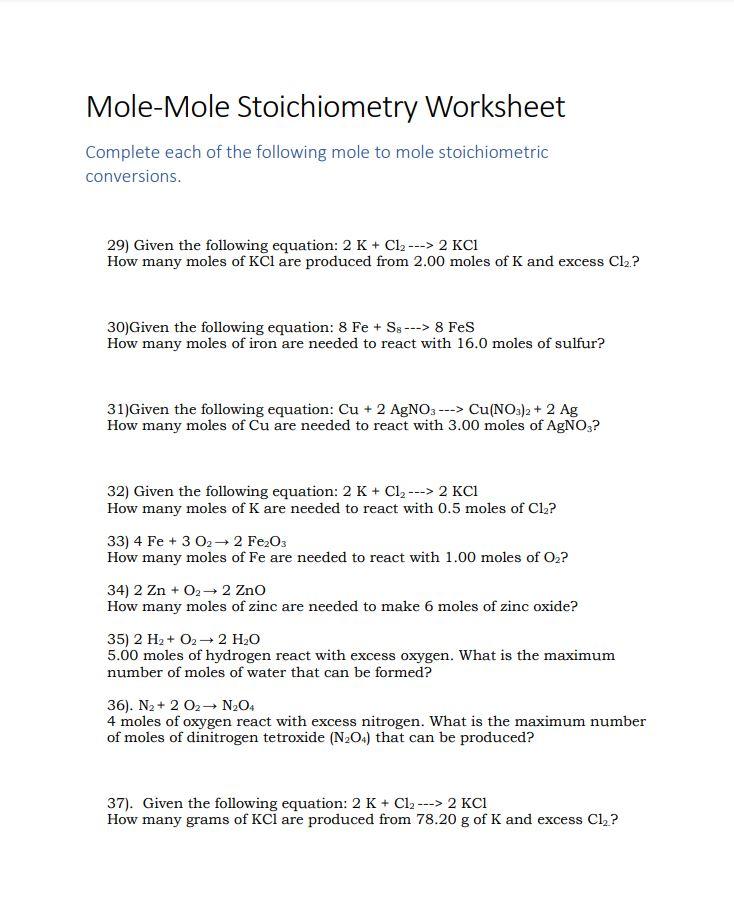 Solved Mole-Mole Stoichiometry Worksheet Complete each of | Chegg.com