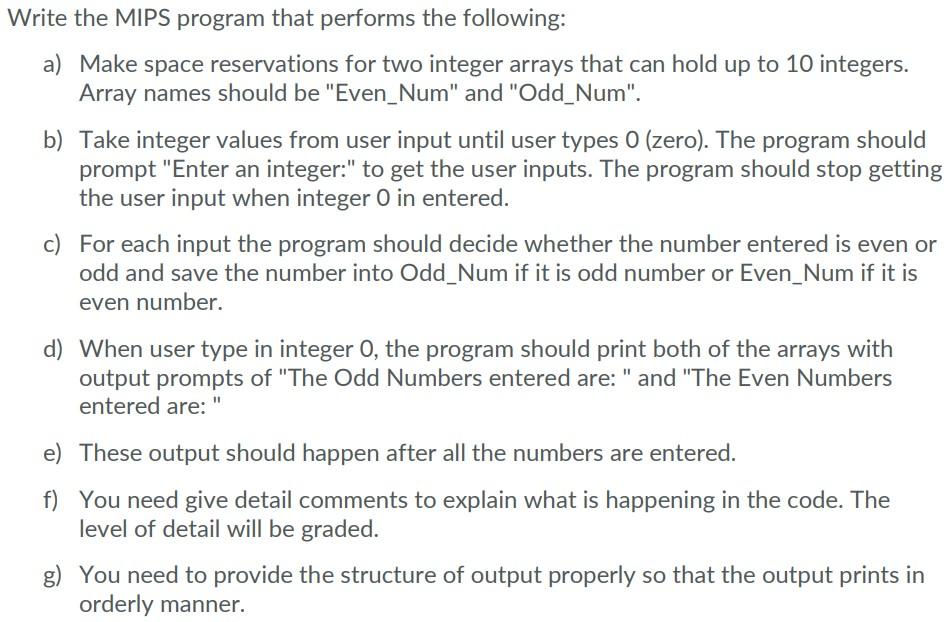 Solved Write the MIPS program that performs the following: | Chegg.com