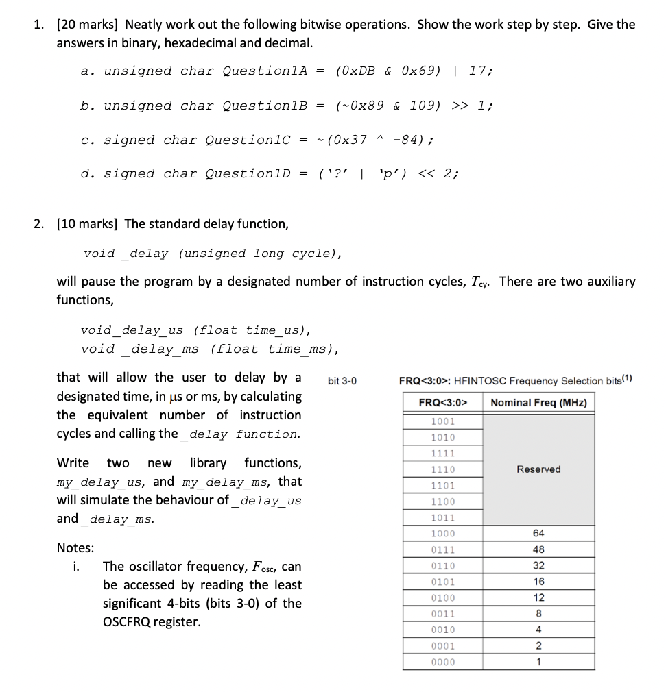 Solved 1. [20 Marks] Neatly Work Out The Following Bitwise | Chegg.com