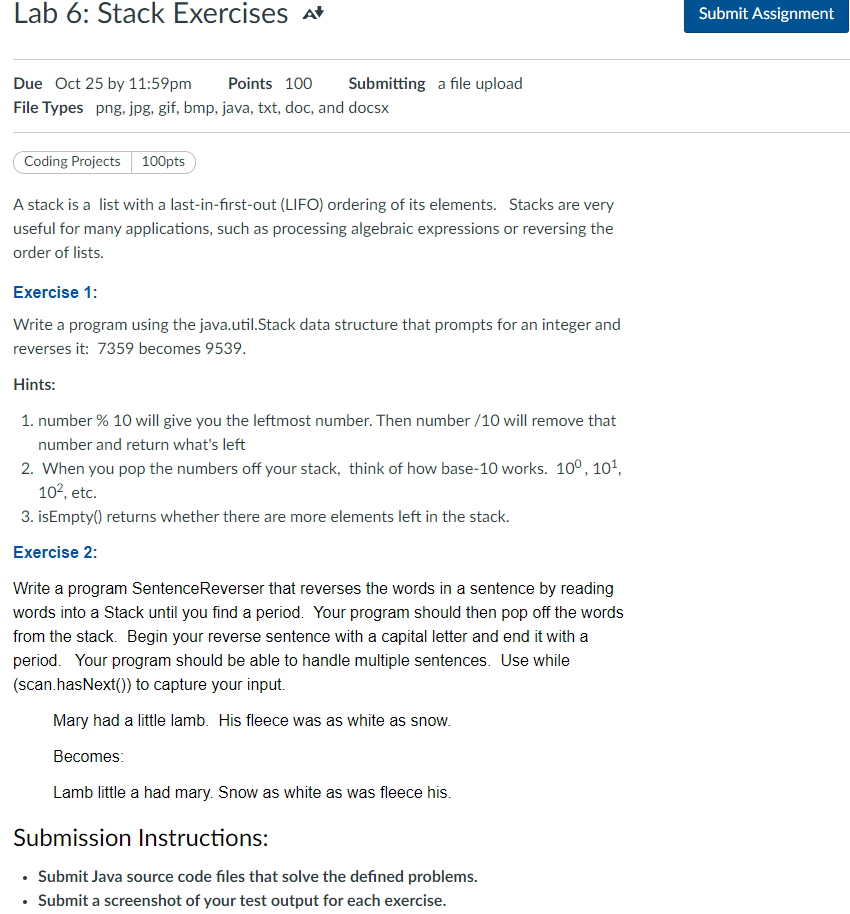 Solved Lab 6: Stack Exercises at Submit Assignment Due Oct | Chegg.com