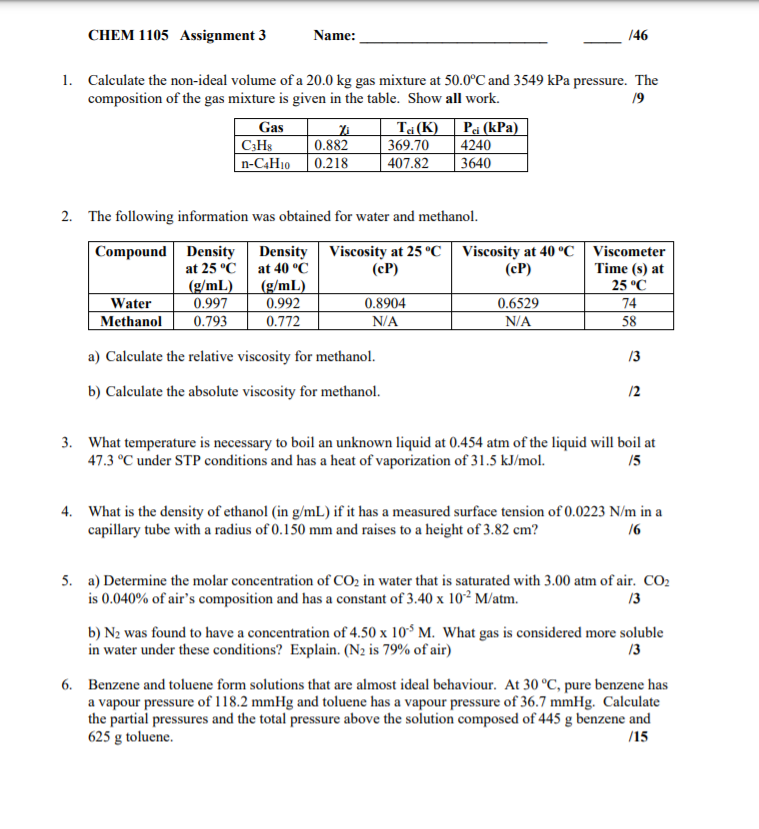 Solved CHEM 1105 Assignment 3 Name: /46 1. Calculate the | Chegg.com