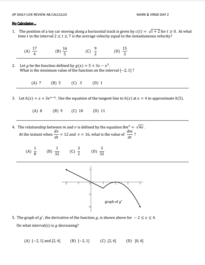 Solved AP DAILY LIVE REVIEW AB CALCULUS MARK & VIRGE DAY 2 | Chegg.com