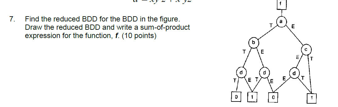 7. Find the reduced \( \mathrm{BDD} \) for the \( \mathrm{BDD} \) in the figure. Draw the reduced BDD and write a sum-of-prod