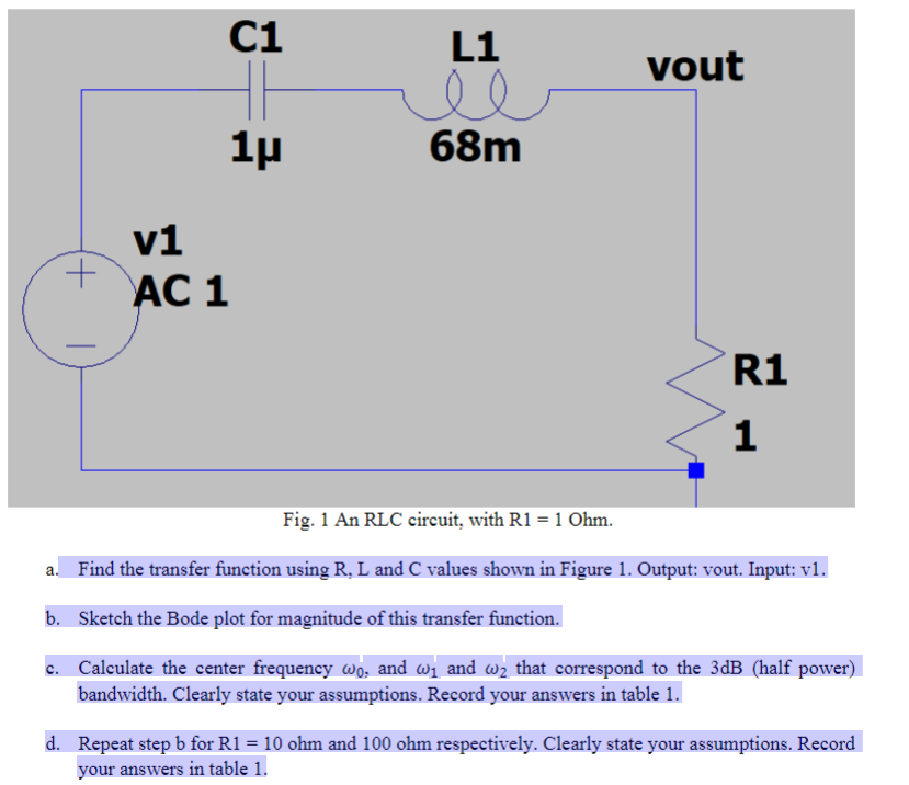 Solved C1 vout L1 el 68m = 1 + v1 AC 1 R1 1 Fig. 1 An RLC | Chegg.com