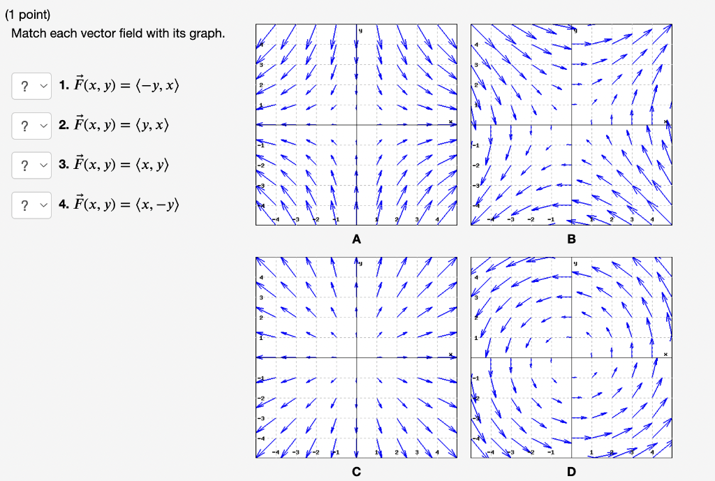 (1 point) Match each vector field with its graph. 1. \( \vec{F}(x, y)=\langle-y, x\rangle \) 2. \( \vec{F}(x, y)=\langle y, x