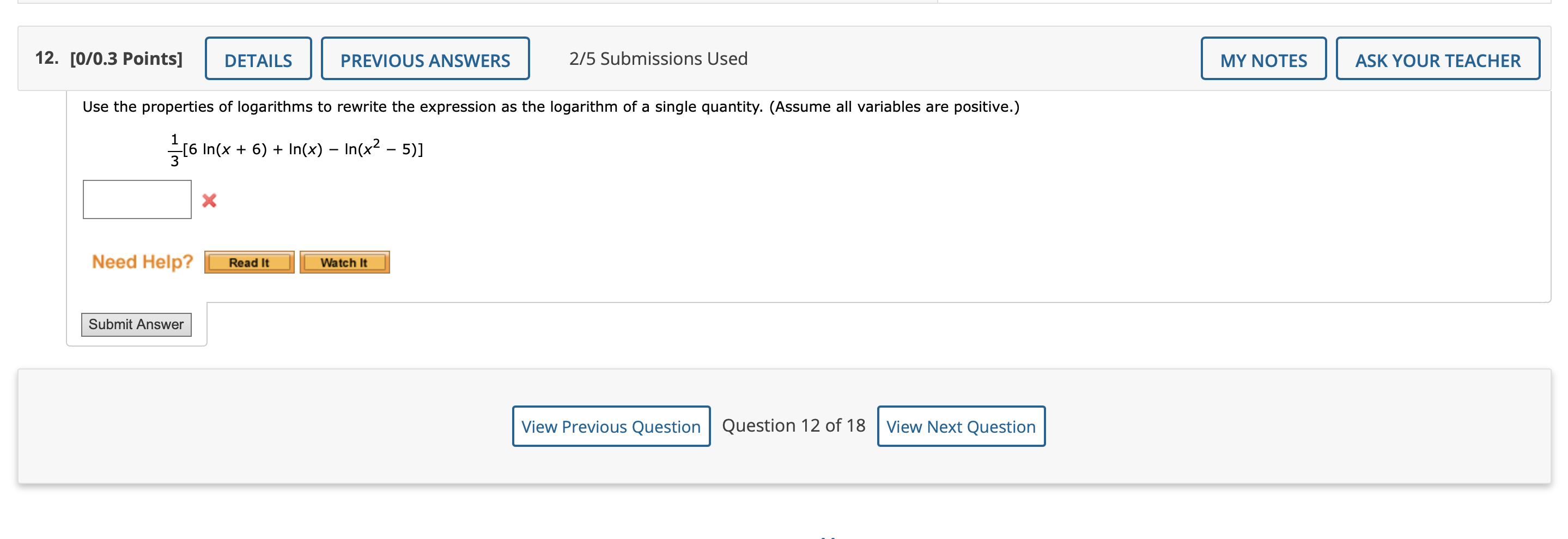 Solved 12. [0/0.3 Points] DETAILS PREVIOUS ANSWERS 2/5 | Chegg.com