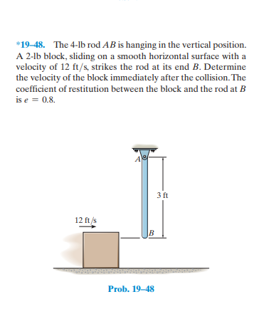 *19-48. The 4-lb rod AB is hanging in the vertical position.
A 2-1b block, sliding on a smooth horizontal surface with a
velo