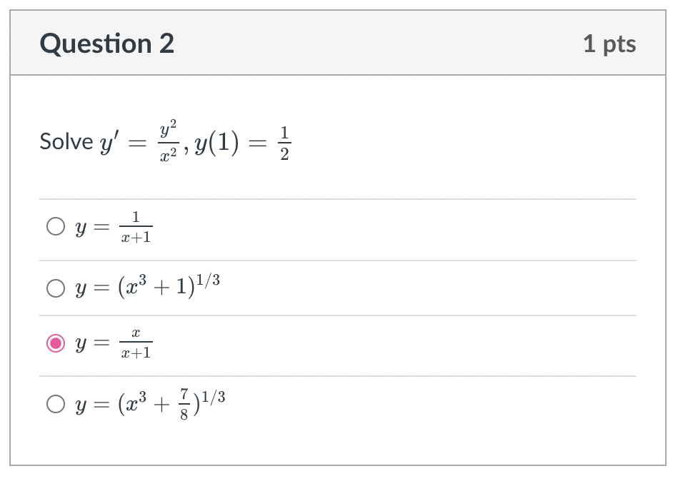 \( \begin{array}{l}\text { ve } y^{\prime}=\frac{y^{2}}{x^{2}}, y(1)=\frac{1}{2} \\ y=\frac{1}{x+1} \\ y=\left(x^{3}+1\right)