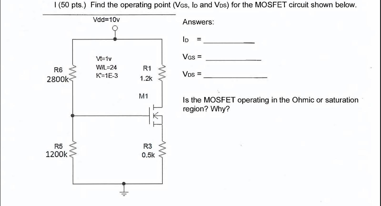Solved |(50 pts.) Find the operating point (VGs, lo and Vos) | Chegg.com