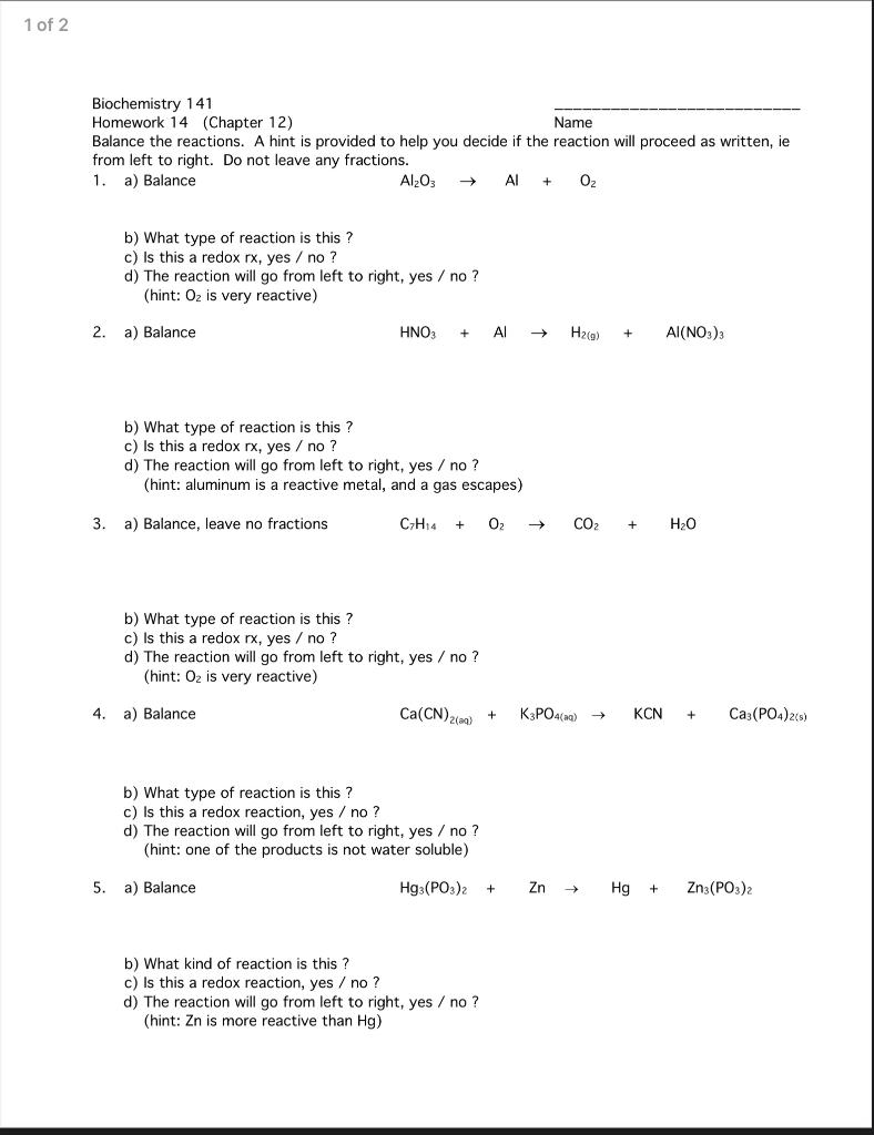 Solved 1. a) Balance Al2O3→Al+O2 b) What type of reaction is | Chegg.com